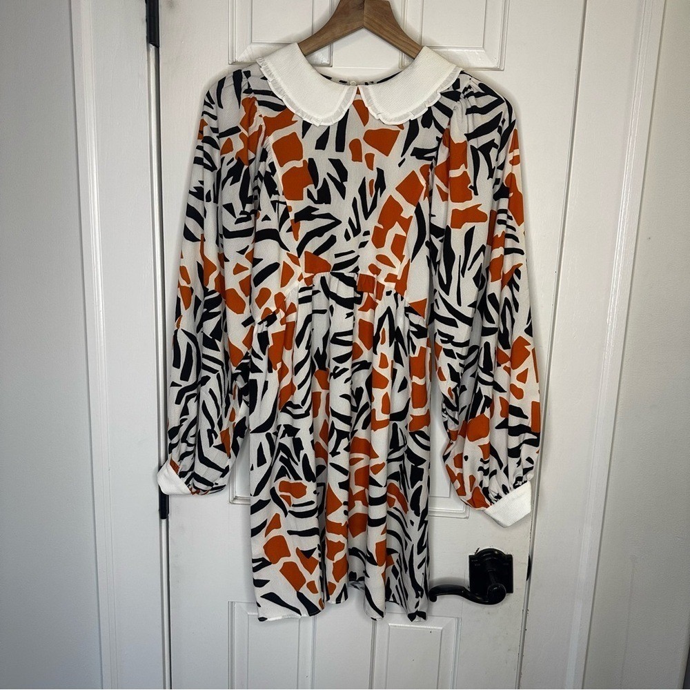 French Connection Abstract Print Mini Dress Peter Pan Collar Orange Black Size 6